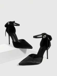 CUCCOO SZL 法国女孩尖头后背蝴蝶结优雅高跟女鞋 - 黑色 - 查看 1