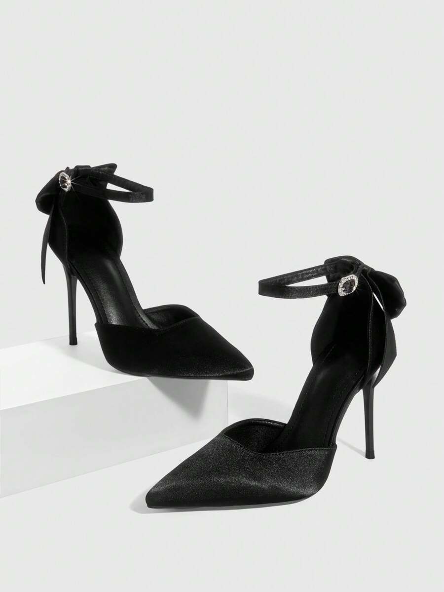 CUCCOO SZL 法国女孩尖头后背蝴蝶结优雅高跟女鞋 - 黑色 - 查看 1