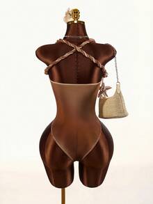 Amplova Women's Tie Dye Linen Detail Backless Bodysuit, Sexy Avant-Garde Retro Tie Dye - Multicolor - View 2