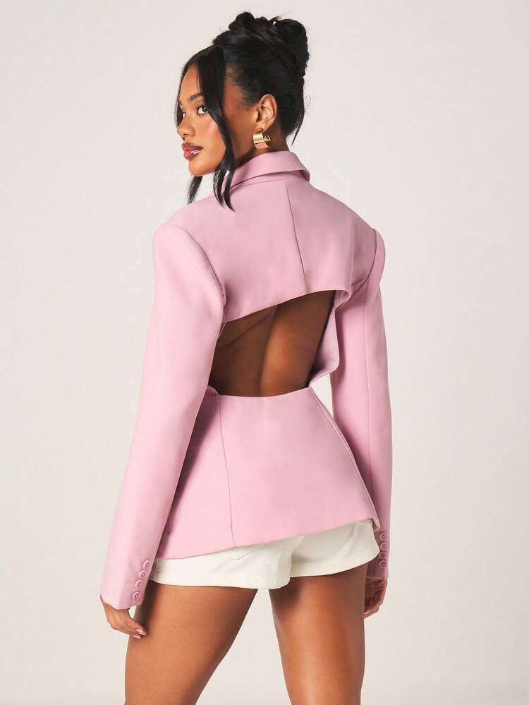 MISSGUIDED Women Pink Cut Out Back Blazer With Lapel Collar And Button Closure For Office Professional Spring Summer Wear