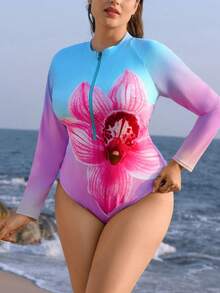 Swim SPRTY Plus Size Women's One-Piece Rash Guard Swimsuit, Long Sleeve, Front Zipper, Printed, Suitable For Surfing & Sun Protection - Multicolor - View 6