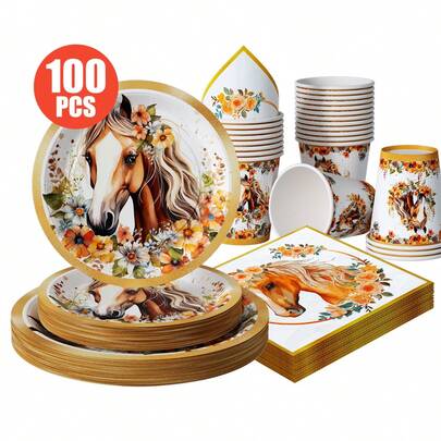 "Jinbian Huaduojunma Disposable Plates, Napkins, And Cups, Disposable Party Supplies Set, Suitable For 25 Guests, Disposable Paper Plates And Party Tableware Suitable For Birthday, Wedding Theme Parties, Family Picnics."