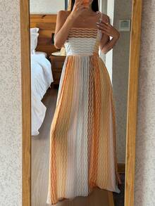 DAZY Summer Vacation Wave Striped Spaghetti Strap Camisole Waist Maxi Nightgown For Women - Khaki - View 9