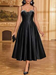 SHEIN Lady 女士优雅派对珍珠水钻装饰吊带中长连衣裙 - 黑色 - 查看 4