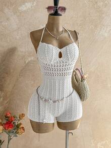 Soleia Women's Autumn Vacation Outfit - Ombre Knit Deep V-Neck Backless Jumpsuit, Sexy & Fashionable Fitted Romper For Party, Date, Afternoon Tea, Boho Beach - White - View 4