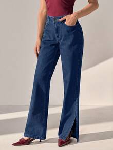 CLARA VERO Low Waist Side Slit Elegant Straight Jean - Dark Wash - View 4