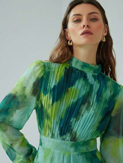 Aveloria Modichic Elegant Commuter Versatile Tie Dye Print Pleated Front Waist Cinched Long Sleeve Dress For Women, Blue & Green