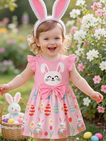 SHEIN Cute Casual Cartoon Pattern Cap Sleeve Dress For Baby Girl Cute Cartoon Heart-Shaped Rabbit Pattern. Baby Girl Casual And Simple Loose Round-Neck Short-Sleeved Dress Suitable For Summer. Easter Rabbit Dress. Casual And Home-Wear Versatile Cute Animal Print Dress.
