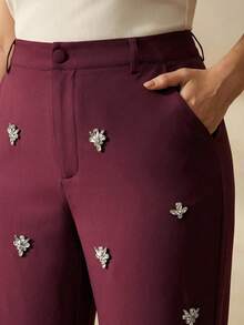 Anewsta Plus Size Women's Elegant, Formal, Chic, Luxury Embellished Slim-Fit Dress Pants - Red - View 2