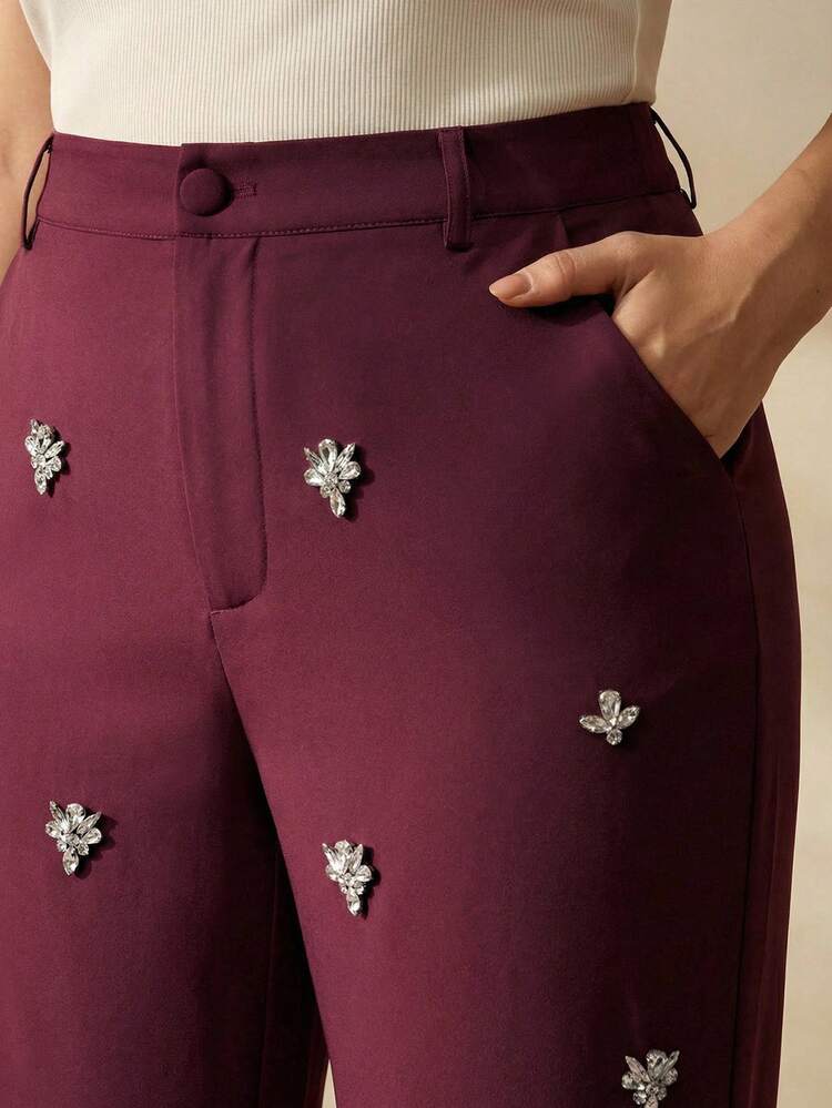 Plus Size Women's Elegant, Formal, Chic, Luxury Embellished Slim-Fit Dress Pants