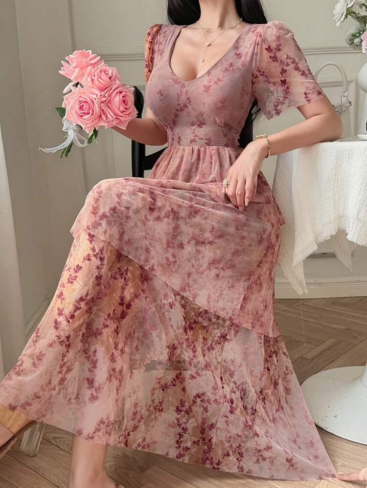 V-Neck Floral Print Short Sleeve Dress For Women Summer Sun Dresses For Women