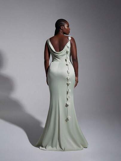 Elitara Plus Size Elegant Romantic Green Asymmetric Ruffled Collar 3D Floral Pleated Fitted Mermaid Hem Dress, Suitable For Wedding, Party, Vacation, Date, Bridesmaid