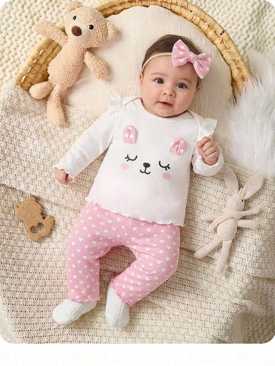 Newborn Baby Girl Cute Casual Knit Cartoon Pattern Top And Pink Pants Pajama Set - Pink - View 1