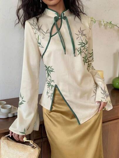 EastFlair Women's Botanical Pattern Asymmetric Hem Chinese Style Shirt