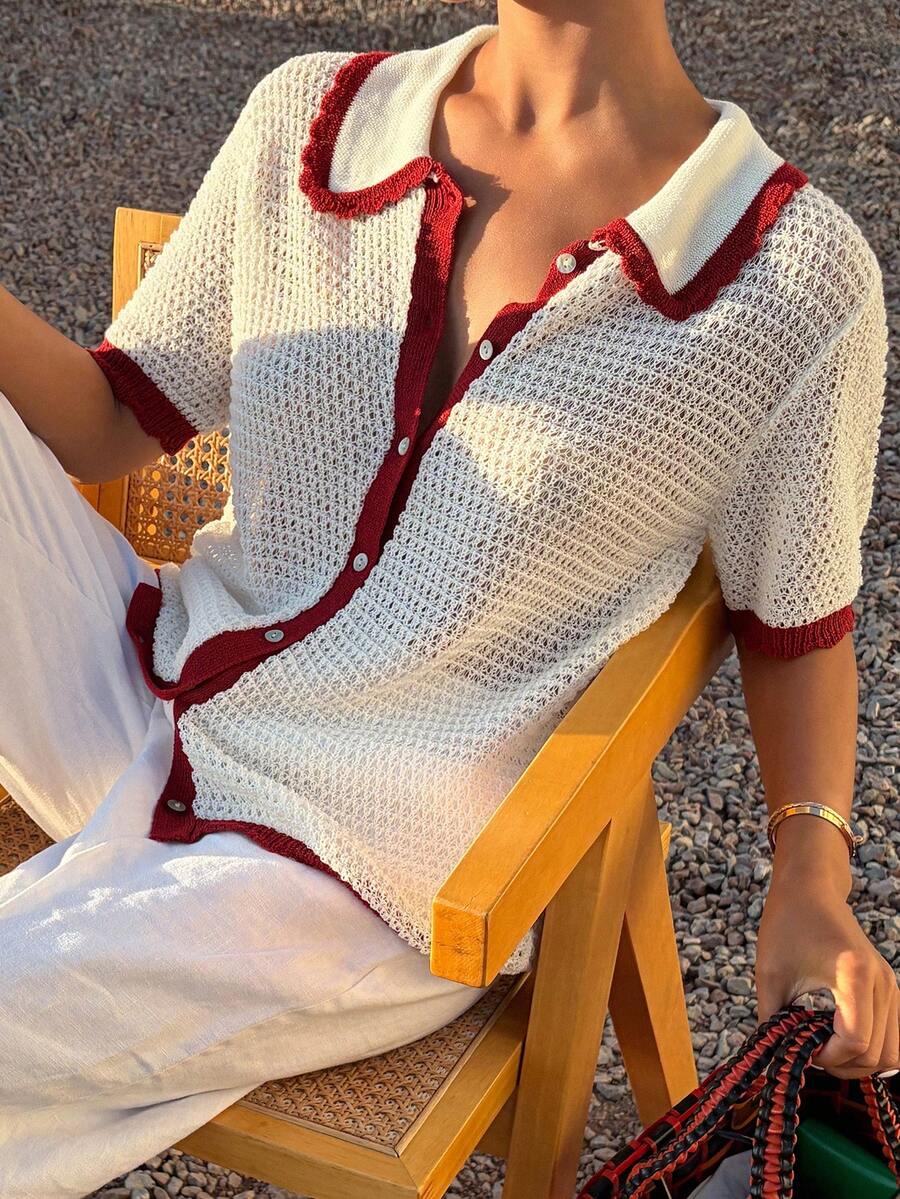 DAZY Women's Collared Color Block Button Design Short Sleeve Knit Top, Suitable For Commuting Summer - Apricot - View 1