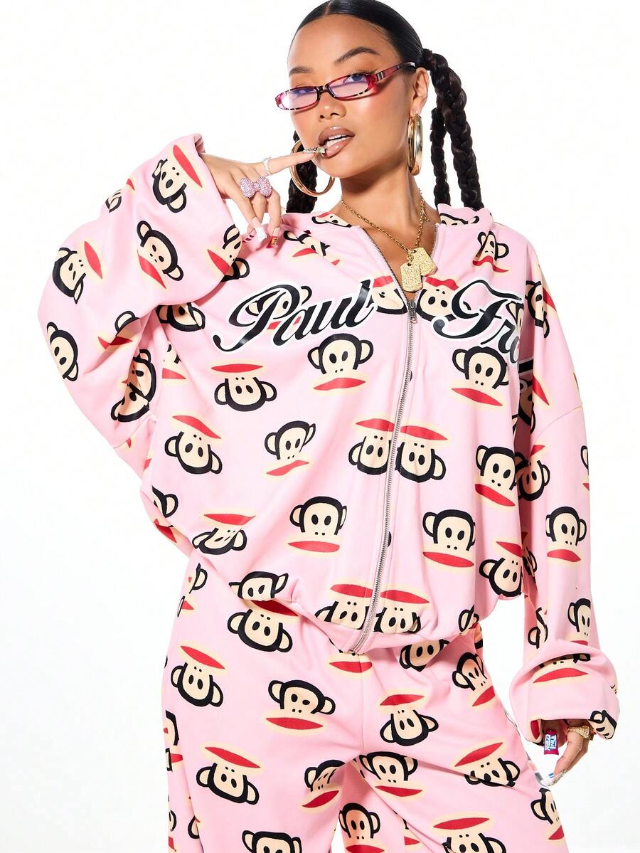 SUMWON X PAUL FRANK SUMWON WOMEN 女士超大款全拉链连帽衫，粉色猴子印花卫衣外套，街头都市时尚 - 粉色 - 查看 1