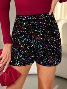 SHEIN Clasi Quần short cạp cao đính sequin thanh lịch dành cho nữ, thích hợp cho các bữa tiệc, hẹn hò, sự kiện buổi tối vào mùa xuân, hè, thu, đông - Nhiều màu - Xem 5