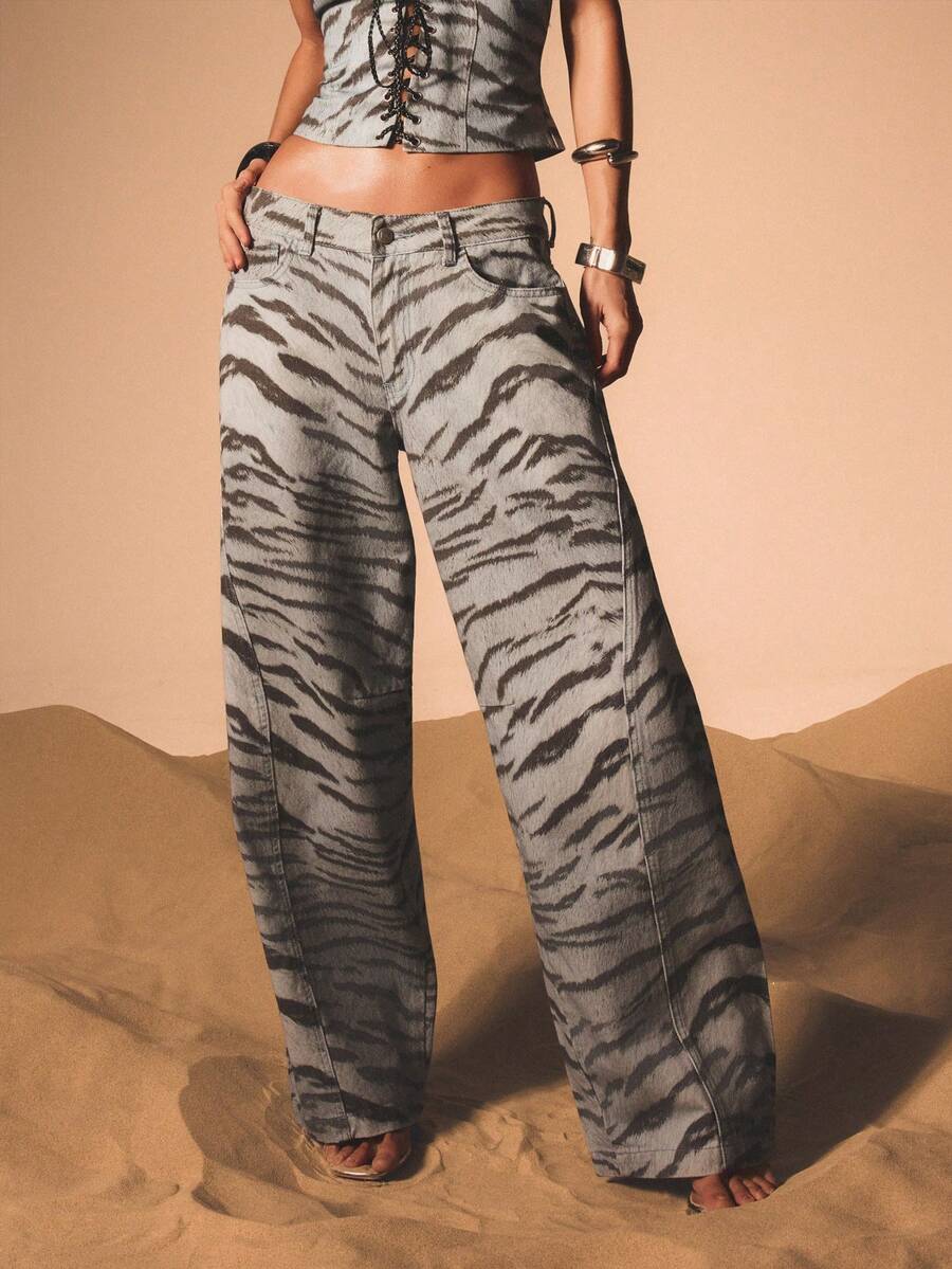 KIZN Women's Wide Leg Tiger Print High Rise Palazzo Jeans With Denim Texture And Animal Pattern For Spring Summer - Light Wash - View 1