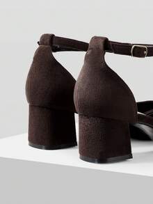 Mnmlis Tacones altos para mujer para exteriores, zapatos de moda de tacón grueso y punta cuadrada, versátiles, de ante y con diseño hueco, para primavera, verano, otoño e invierno - Café - Ver 4