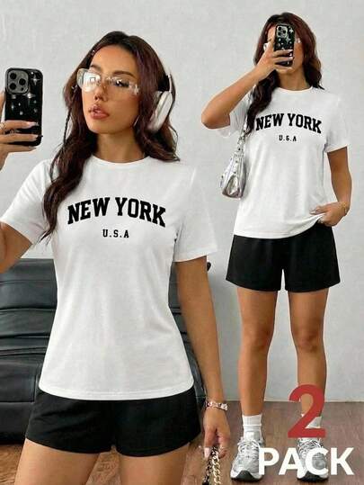 2 piezas Conjunto playera y short estampado print nombres de ciudades new york  Urbano y Comodidad casual diario comodo