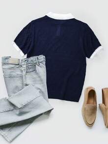 Manfinity Homme Camiseta casual de punto de manga corta con contraste de color para hombre - Azul Marino - Ver 2