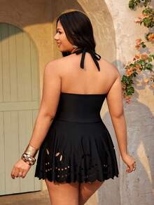 Swim Lushoire Bộ đồ bơi 2 mảnh màu trơn khoét eo thanh lịch dành cho nữ cỡ lớn năm 2026, thích hợp cho bãi biển và hồ bơi. - màu đen - Xem 2