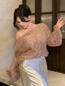 DAZY Loose Lace Knit Sweater For Women, Sheer Lightweight Luxury Sparkle Long Sleeve Top - Khaki - View 7