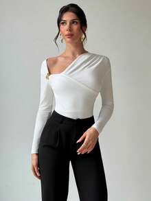 Firerie Women's Asymmetric Shoulder Long Sleeve Wrap Bodysuit,Metal Decor Ruched Waist Slim Fit White Elegant Top,Autumn Night Out Airport Outfit - White - View 9