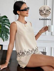 Muvela 2pcs Women Beige Summer Boho Holiday Vacation Holiday Floral Embroidery Round Neck Tank Top & Elastic Drawstring High-Waisted Shorts Two-Piece Set - Apricot - View 7