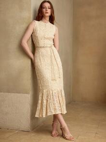 MOTF PREMIUM 时尚花卉优雅美人鱼下摆中长连衣裙 - 杏色 - 查看 6