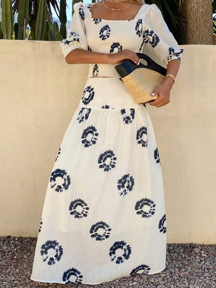 Tie-Dye Print Cropped Cable Petal Sleeve Pullover Shirt & Long Umbrella Skirt Elegant Summer 2-Piece Set For Women