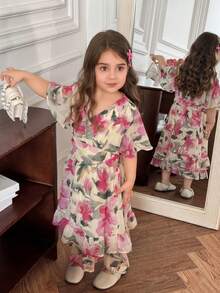 DAZY Young Girl Floral Pattern V-Neck Ruffle Sleeve Fashion Dress - Multicolor - View 6