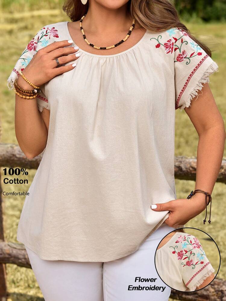 Plus Size Women's Summer Casual Vacation Country  Floral  Embroidered Short Sleeve Casual Blouse Top Shirt,Boho For Women/Summer,Summer Outfits For Women ,Vacation Outfits Women ,Holiday Outfits For Women,Going Out Outfits,2026 New Clothes,Simple And Fashionable For Everyday Wear,Suitable For Summer, Vacation, Daily Wear, Festival Outfits For Women,Country Concert Outfit,Beach Outfits For Women,Western Style,Going Out Tops