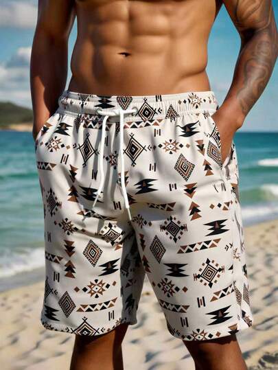 Manfinity Swimmode Men's Fashionable Geometric Print Casual Beach Shorts Men Matching Swim Trunks Swim Trunks For Men Beachwear For Men Men Swim Trunks Shorts Men Swim Trunks, Hawaiian