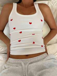 DAZY Women's Heart Print Ribbed Square Neck Casual Tank Top - White - View 4