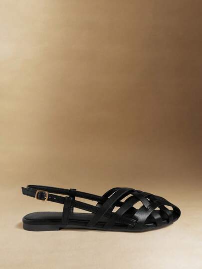 Rosivie Women's Hollow-Out Roman Sandals With Ankle Strap, Comfortable Flat Slip-On Shoes, Black Faux Leather, Multi-Strap Woven Breathable Sandals For Outdoor, Beach, Summer