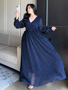 Dazy Plus Vestido elegante de manga farol con cuello en V y cintura fruncida, adecuado para citas y fiestas. Vestidos de verano para mujer de talla grande - Azul Marino - Ver 2