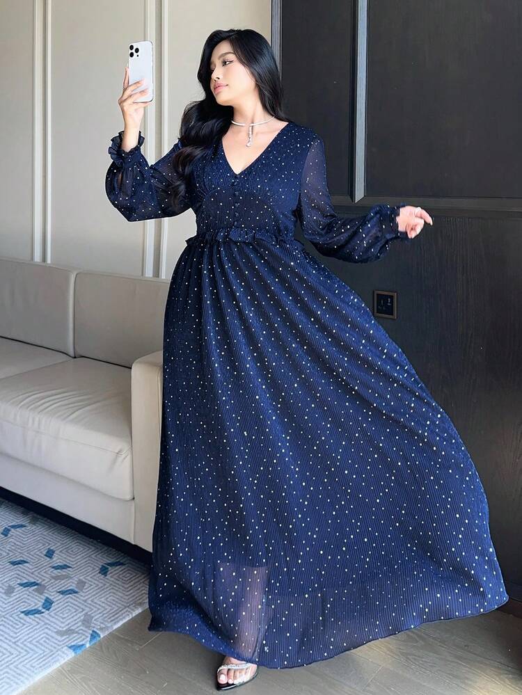 Dazy Plus Plus Size Women V-Neck Ruched Waist Elegant Lantern Sleeve Dress, Suitable For Dates And Parties Sun Dresses For Women