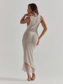 MUSERA Crewneck Sleeveless Asymmetric Tassle Hem Maxi Floor Length Fitted Crochet Knit Dress Cute Beach Coverup Summer Spring Holiday Going Out Swim Sexy Crochet Knit - Apricot - View 2