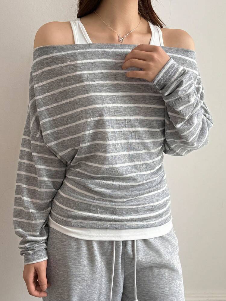 Women's Striped Off Shoulder Batwing Long Sleeve Casual Loose T-Shirt