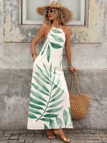 Brillora Women's White Floral Leaf Print Summer Boho Maxi Slip Dress,Casual Vacation Holiday Beach Outfit,Resort Wear Palm Print Long Dress For Woman - Apricot - View 12