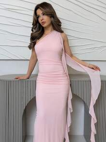 Jemour Váy Maxi Lưới Xếp Nếp Không Đối Xứng Màu Trơn Cho Nữ, Váy Đi Biển Thanh Lịch, Mùa Xuân/Hè - Màu Hồng baby - Xem 3