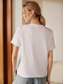 Anewsta Women's Fashionable Chic Urban Modernist White Short Sleeve T-Shirt Top, Summer - White - View 2