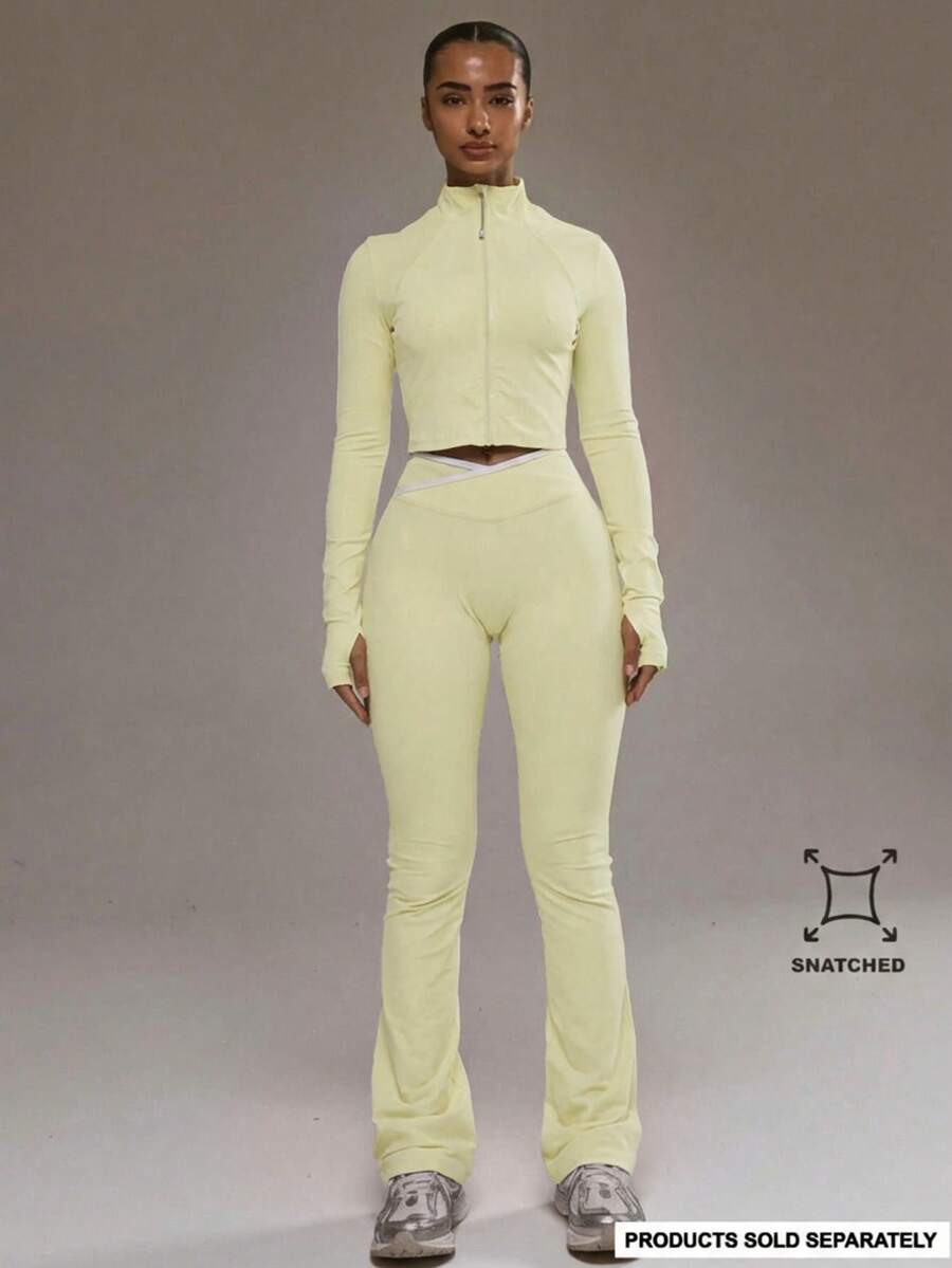 Musera Sport Contrast Trim Dipped Waistband Fitted Flared Yoga Pants Bottom Only Padel Autumn Fall Activewear Sport Gym Workout Fitness Daily Casual - Butter Yellow - View 1