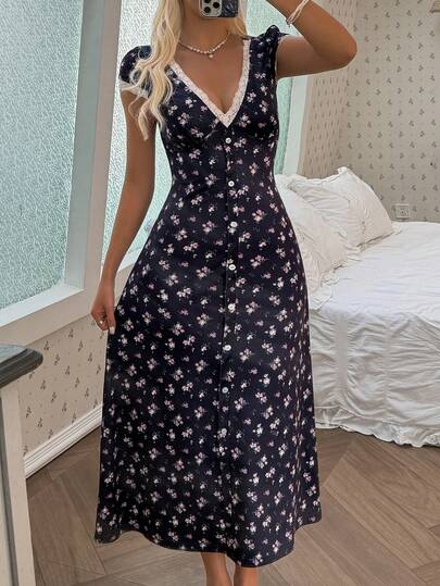 CottageSlumber 女士浪漫碎花蕾丝拼接V领蝙蝠袖A字中长睡裙