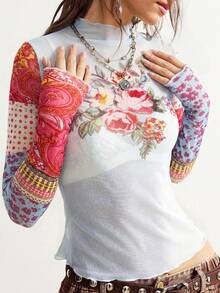 Bohemela 女士印花网纱立领长袖修身时尚衬衫 - 彩色 - 查看 5