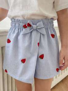 SHEIN Babygirl Cute Casual Versatile Striped Strawberry Pattern Elastic Waist Shorts - Multicolor - View 3
