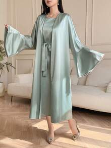 DAZY Women's Elegant Solid Color Round Neck Sleeveless Dress With Belt & Flare Sleeve Robe, 2-Piece Set, Spring/Summer - Green - View 3