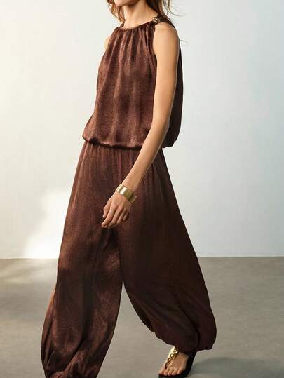 Maija Women's Solid Color Metal Decor Round Neck Tank Top And Wide Leg Pants Casual 2 Pieces Set