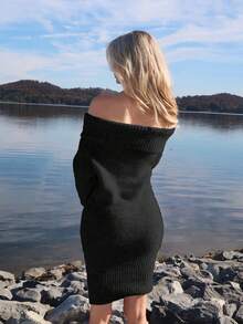 Sydney Algeri Grey Off Shoulder Turndown Collar Special Neckline Long Sleeve Mini Loose Top Tight Bottom Knitted Dress For Young Ladies, Autumn/Winter,Cozy Fall And Winter Clothes For Women - View 2
